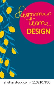 Summer exotic and tropic lemon branches background design can be used for leaflets,postcards, invitation card. Composition with lemons and leaves. Vector universal card with place for text.