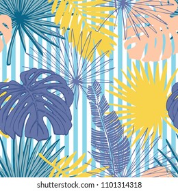 Summer exotic tropic seamless pattern with palm leaves and blue stripes. 