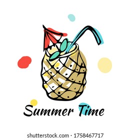 Summer exotic tropical cocktail, party pineapple drink. Isolated and hand drawn cartoon vector illustration. For digital design, banners, postcards, prints, decor. Creative food and beverage backdrop.