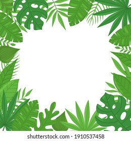 Summer exotic tropical frame with banana leaves, monstera leaves, palm leaves and place for text. Perfect for wedding invitations, greeting cards, prints, postcards, posters. Vector illustration
