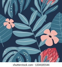 Summer exotic tropical seamless pattern. Fresh print with hand drawn tropical leaves and flowers.
