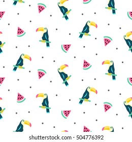 Summer exotic tropical seamless pattern with toucans and watermelons. Trendy vector illustration, textile print, wrapping paper, card, poster, banner design