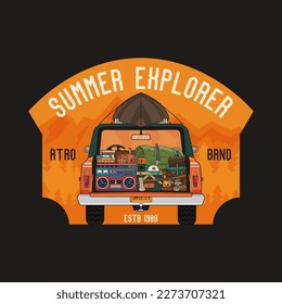 Summer explorer badge design with camper car. Camp adventure emblem. Hiking Travel logo graphics. Stock vector retro label isolated on dark background