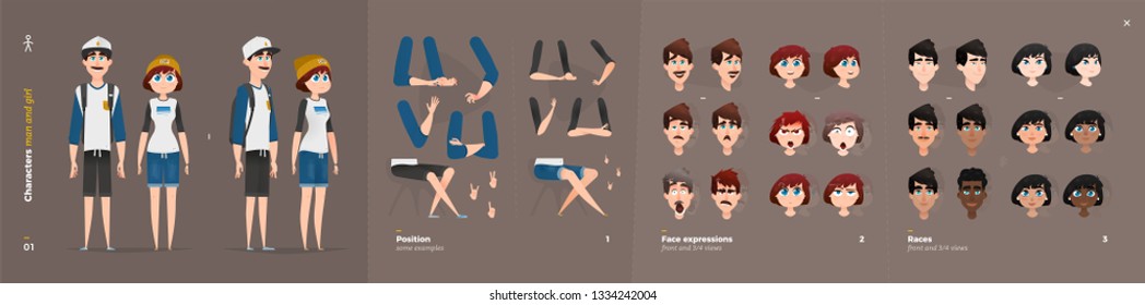 Summer Extreme Clothes Style. Guy and Girl Cartoon Characters for Animation. Default Body Parts Poses with Face Emotions. Five Ethnic Styles