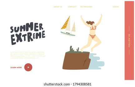 Summer Extreme Landing Page Template. Happy Female Character Jumping from Cliff Edge to Ocean, Beach Party Celebration, Woman in Swimming Bikini Fun on Vacation, Rejoice. Linear Vector Illustration