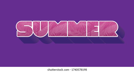 SUMMER extrude pink inscription with tropical leaves on purple background. Vector illustration with typography for t-shirt, banner, summer sale, discount, flyer, invitation, poster. eps10