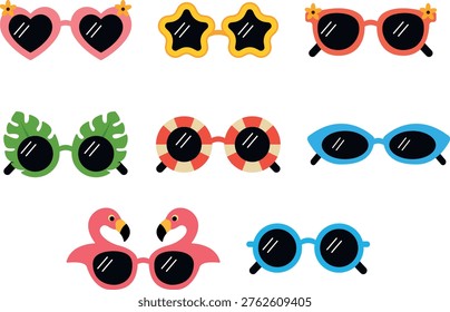 The summer eyeglass vector design features stylish sunglasses with bright colors, capturing a fun and sunny vibe.
