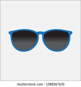Summer eyewear sun protection sunglass. Fashion spectacles accessory. Plastic blue frame modern eyeglasses isolated on grey background. Vector  illustration can be used for topics like vacation summer