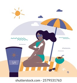Summer face and body solar protection care concept. Tanned woman sunbathing on beach with sunblock. Black girl with sunscreen cosmetics. Summertime, vacation at tropical resort. vector illustration