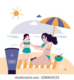 Summer face and body solar protection care. Family sunbathing on beach with sunblocks. Mother and daughter with sunscreen cosmetics. Summertime, vacation at tropical resort. flat vector illustration