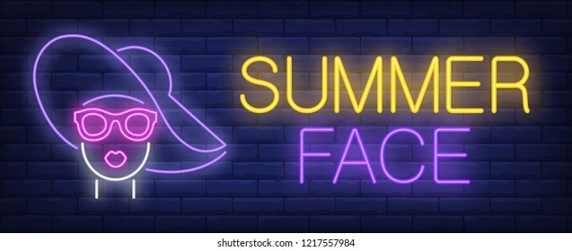 Summer face neon sign. Glowing inscription with girl face in glasses and hat. Can be used for advertisement, beauty salon, makeup bars