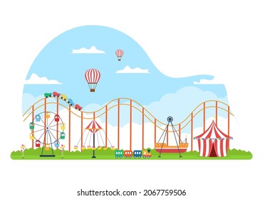 Feria de Verano con Carnaval, Circo, Funfair o Parque de Diversiones. Paisaje de carouelas, montaña rusa, globo de aire y vectores de recreo Ilustración