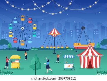 Summer Fair with Carnival, Circus, Funfair or Amusement Park. Landscape of Carousels, Roller Coaster, Air Balloon and Playground Vector Illustration
