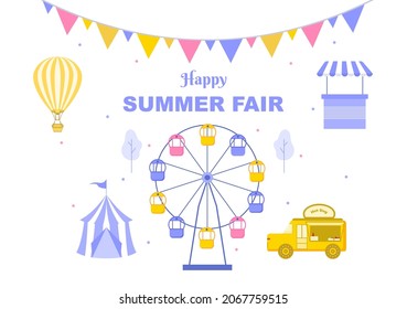 Summer Fair with Carnival, Circus, Funfair or Amusement Park. Landscape of Carousels, Roller Coaster, Air Balloon and Playground Vector Illustration