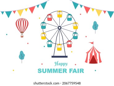 Summer Fair with Carnival, Circus, Funfair or Amusement Park. Landscape of Carousels, Roller Coaster, Air Balloon and Playground Vector Illustration