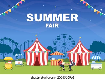 Sommermesse mit Karneval, Circus, Funfair oder Vergnügungspark. Landschaft von Karussellen, Achterbahn, Luftballon und Spielplatz, Vektorgrafik