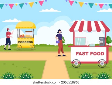 Summer Fair with Carnival, Circus, Funfair or Amusement Park. Landscape of Carousels, Roller Coaster, Air Balloon and Playground Vector Illustration