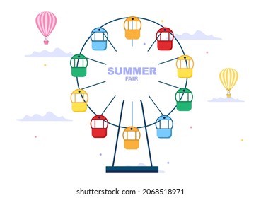 Summer Fair with Carnival, Circus, Funfair or Amusement Park. Landscape of Carousels, Roller Coaster, Air Balloon and Playground Vector Illustration