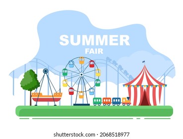 Summer Fair with Carnival, Circus, Funfair or Amusement Park. Landscape of Carousels, Roller Coaster, Air Balloon and Playground Vector Illustration