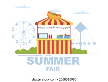 Summer Fair with Carnival, Circus, Funfair or Amusement Park. Landscape of Carousels, Roller Coaster, Air Balloon and Playground Vector Illustration