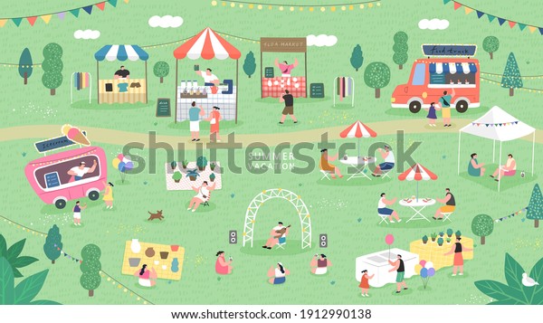 Summer fair\
festival food, Summer flea market. sale family festival event,\
marketplace and tent vector\
illustration\
