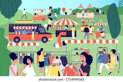 Summer fair. Festive food, street season flea market. Garage sale in park. Family festival event, marketplace and tents vector illustration