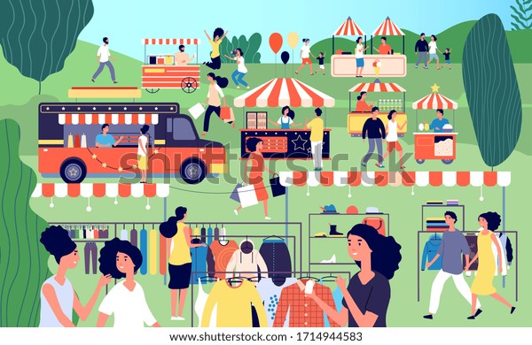 夏祭り お祝いの食べ物 野外のフリーマーケット 公園でのガレージセール 家族祭りのイベント 市場 テントのベクターイラスト のベクター画像素材 ロイヤリティフリー