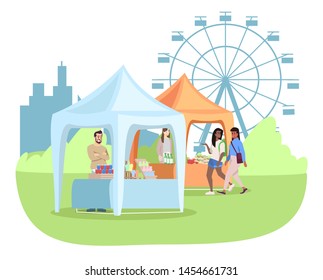 Summer fair flat illustration. Food stalls, tents with seller on fairground. Amusement park with ferris wheel, city event, festival, funfair entertainment. People walk fair market cartoon characters