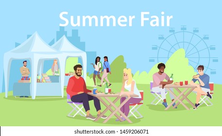Summer fair  flat vector illustration. Festival, carnival, city event celebration banner design. Outdoor cafe, street food tents on fairground. Amusement park, funfair attractions advertising