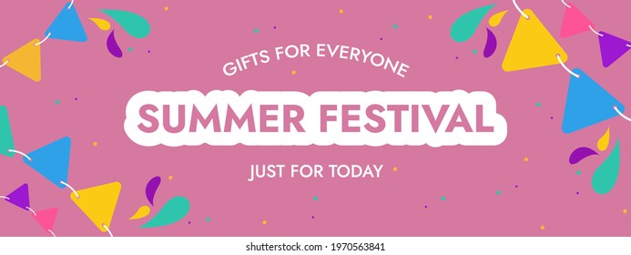 Summer fair in honor of the day of sale, on a bright background with hanging flags and confetti. Vector illustration