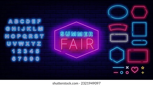 Summer fair neon label. Family festival promotion. Geometric frames collection. Shiny blue alphabet. Glowing advertising. Shiny banner. Editing text. Vector stock illustration