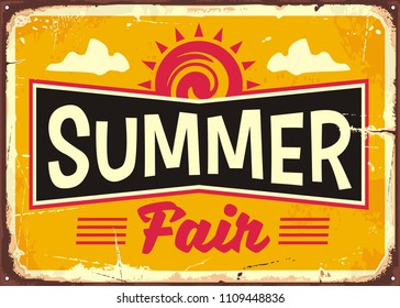 Summer fair retro tin sign concept with summer sky clouds and red sun on yellow background. Vintage vector illustration.