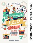 Summer Fair vertical poster or banner template with decorative amusement park attractions
