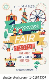 Summer Fair Vertical Poster Or Banner Template With Decorative Amusement Park Attractions