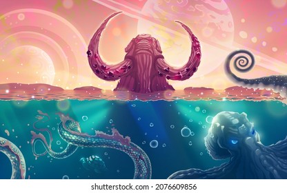 Summer fairy tale sea landscape with big rock as mammoth with tusks, ocean waves over fantasy planets in the sky, underwater world with octopus monster and snake reptile. Seascape illustration art.