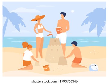 Summer family activities concept. Children, mom and dad making sandcastle on beach. For tropical resort, holiday, tourism concept