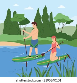 Summer family activities flat background with young couple controlling SUP boats with help of paddles vector illustration