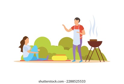 Summer family activity barbecue flat concept vector illustration
