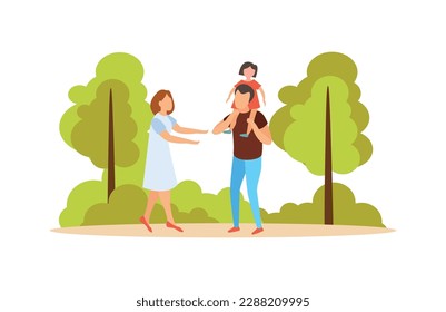 Summer family activity flat concept with parents and kid walking together in park or forest vector illustration