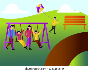 Summer family fun concept: parents playing with their kids at the playground hills