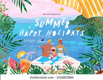 Summer family happy holidays! Vector illustration of mom, dad and child at the resort near the sea for a banner, card or poster. Drawing family resting on the beach
 
