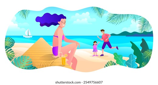 Summer Family happy on the beach. Staying home vacation enjoy cartoon illustration. Vacation on sea or ocean resort. tourist sunbathing. Summer holidays at seaside.
