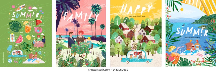 Summer family holidays and weekends! Set of vector illustrations, drawings of mother, father and child on vacation at the resort, eating at a table for lunch or dinner and traveling by car on a trip
