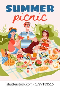Summer family picnic banner or poster template with cartoon characters of family members eating outdoors, flat vector illustration. Design for national picnic day.