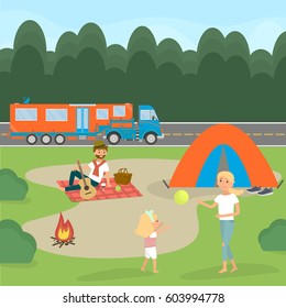 Summer family picnic. Dad plays the guitar and Mom plays with the daughter in the ball. Travel by campervan. Vector Illustration.