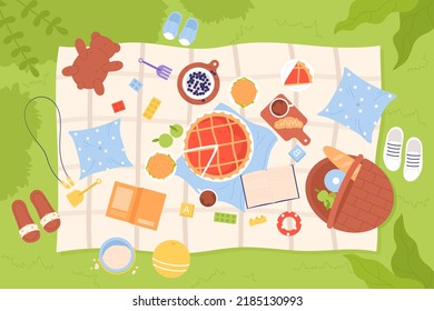 Summer family picnic on green grass of park, field or garden, top view vector illustration. Cartoon cloth blanket with basket and plates with food, sandwiches and pie snacks on tablecloth background