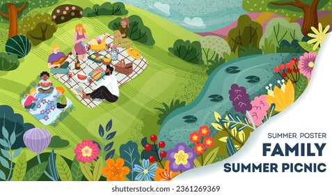 Summer family picnic poster. Landscape with natural park and pond, characters and food, flowers and plants. Parents and kids eat outdoors together. Leisure and rest. Cartoon flat vector illustration