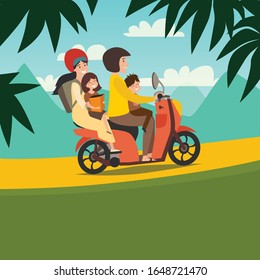 Summer family trip by motorbike vector illustration. Happy man, woman and children summer holidays. Cartoon family character on motorbike tropical holiday. Palm background, tourism concept card