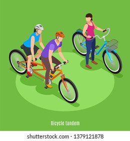 Summer family vacation isometric background with father and daughter riding on tandem bicycle vector illustration