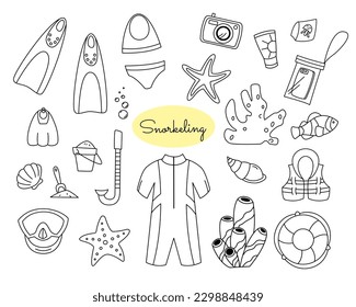Summer family vacation with kids. Sea snorkeling equipment set. Flipper, snorkel, underwater camera, mask, wetsuit, corals line drawing. Doodle black and white vector illustration on white background.